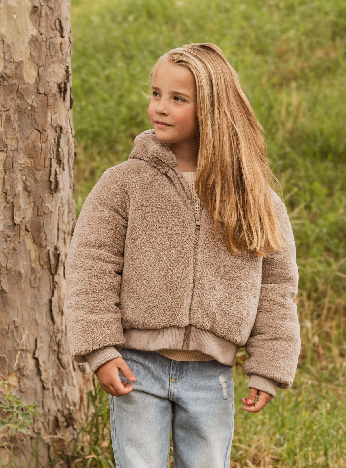 Beige teddy jas met capuchon | Dark Sand