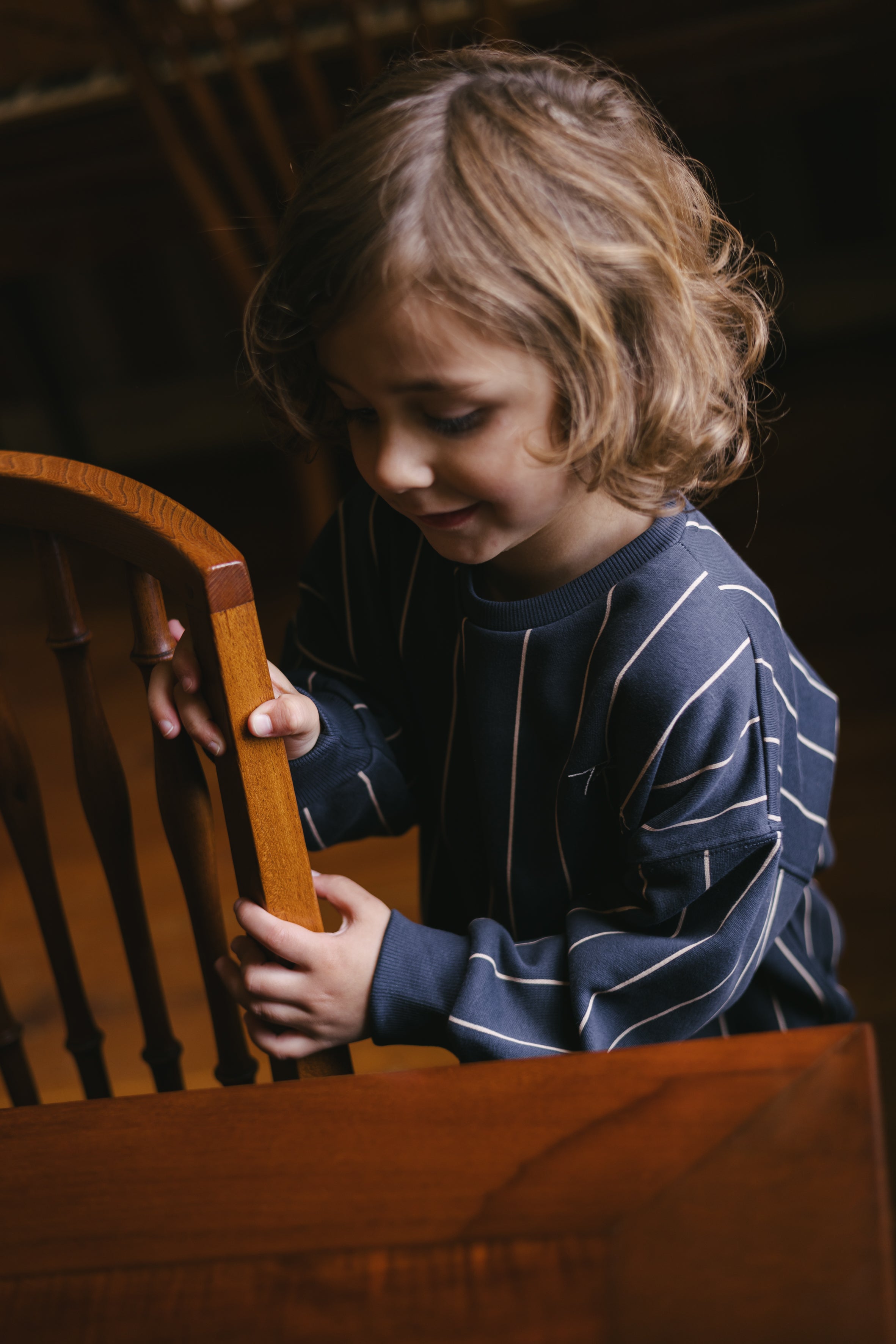 Donkerblauwe sweater met krijtstrepen | AOP Blue Stripe