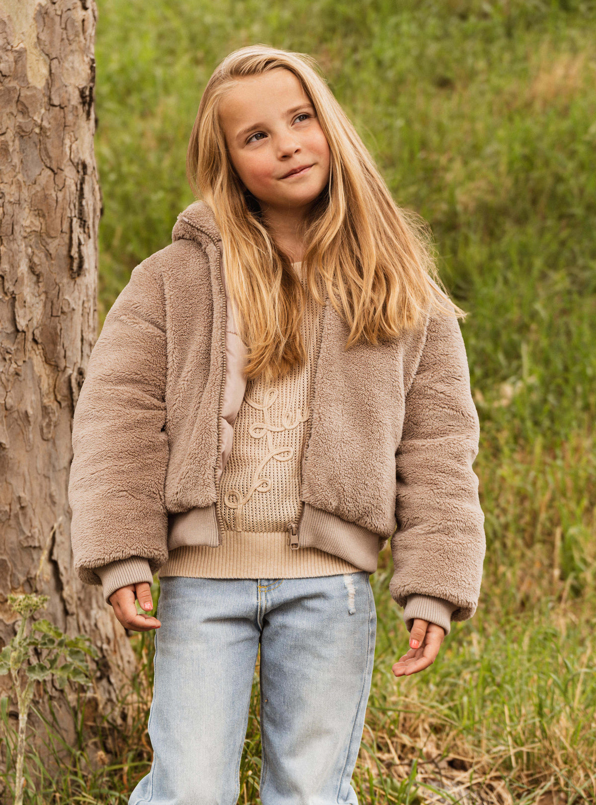 Beige teddy jas met capuchon | Dark Sand