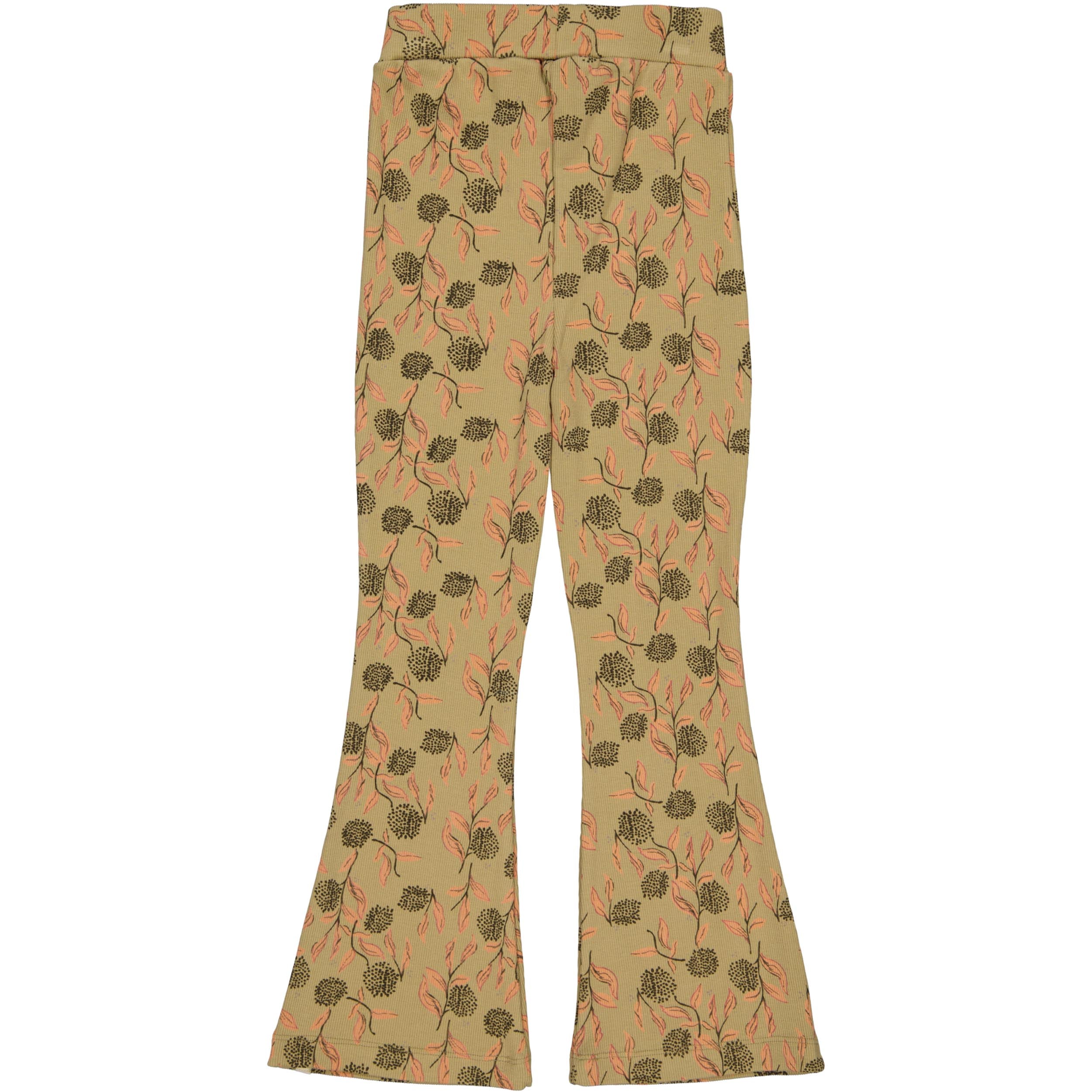 Beige flared broek met groene bladprint | AOP Coral Flower